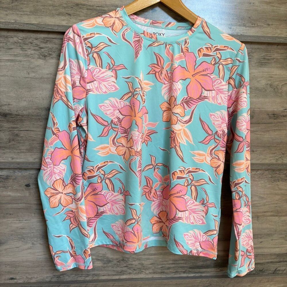 ROXY L Tropical Floral Pastel Pink Blue Orange Hibiscus Rashgaurd Swim Shirt